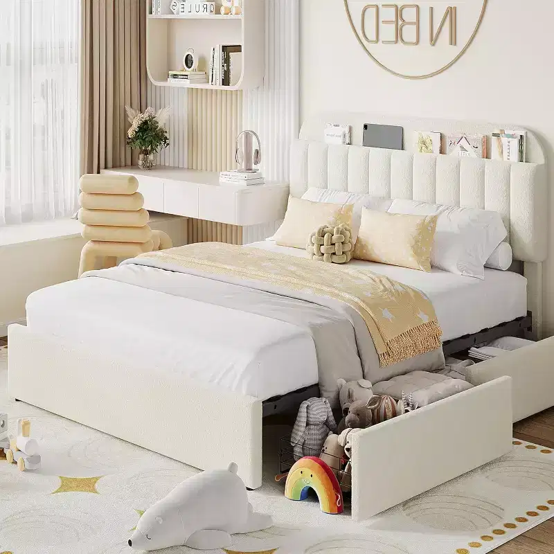 Twin Bed Frame with Storage Headboard, 2 Drawers, Wooden Slats, No Box Spring Needed, Noise Reducing, Easy Assembly