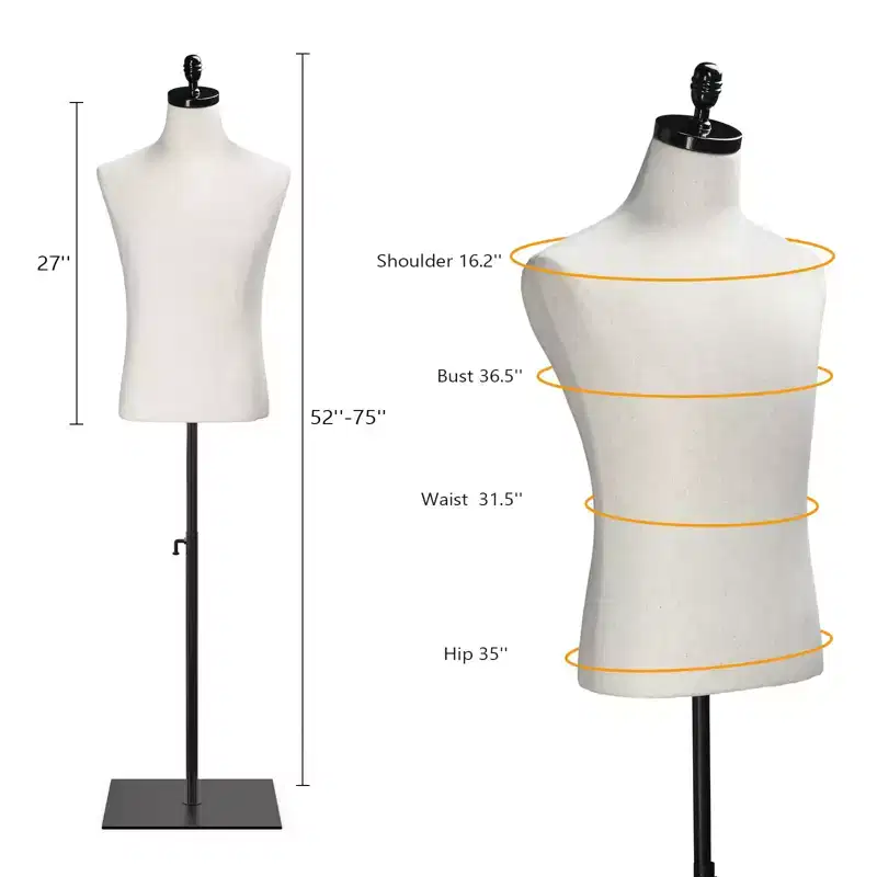 VINGLI Male Mannequin Torso with Wooden/Metal Stand, Adjustable Height Male Dress Form Body for Clothing Display and Sewing (Metal Base)