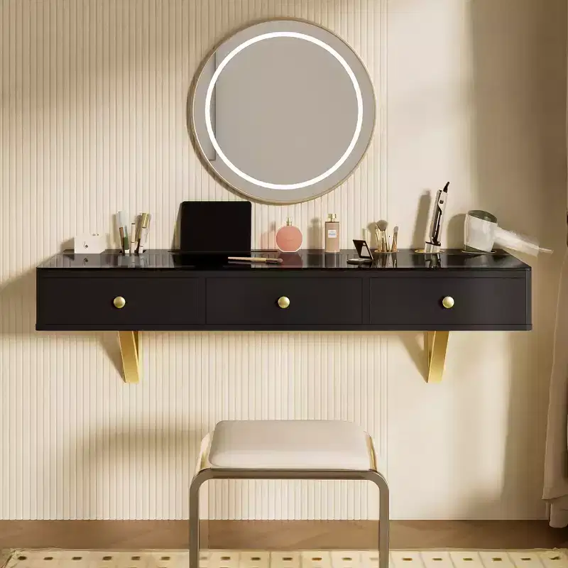 GDFStudio Maria Modern Wall-Mounted Wood Floating Vanity Table with 3 Drawers and Glass Finish