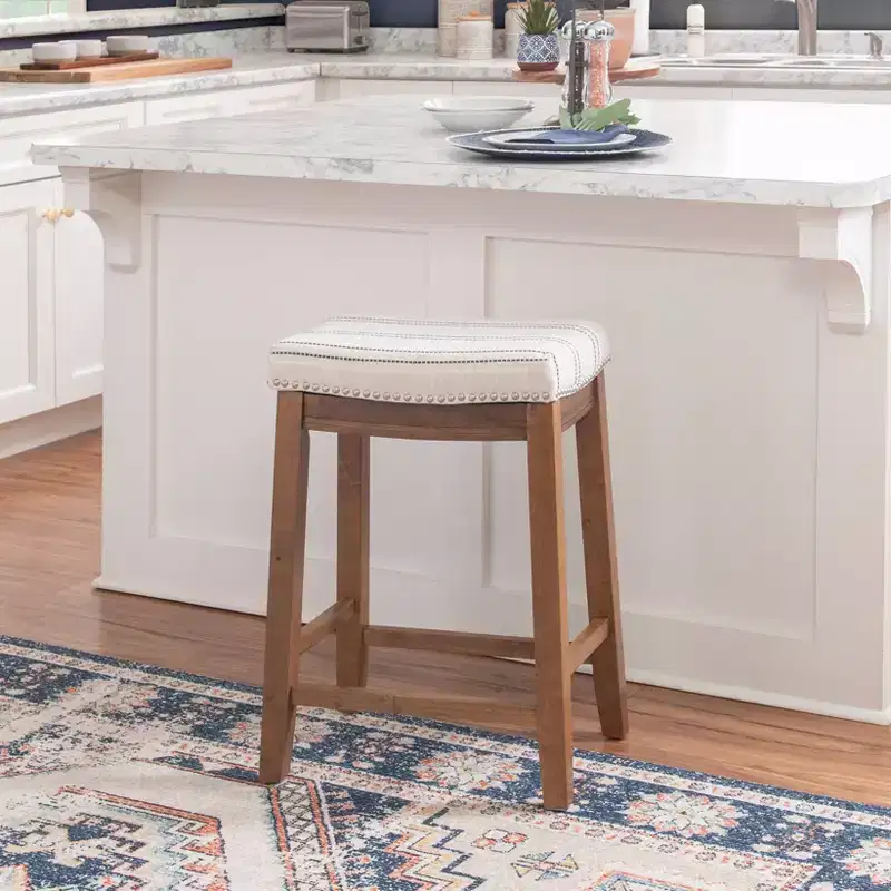 Counter Height Barstool Rustic Brown Natural Linen Upholstered Backless
