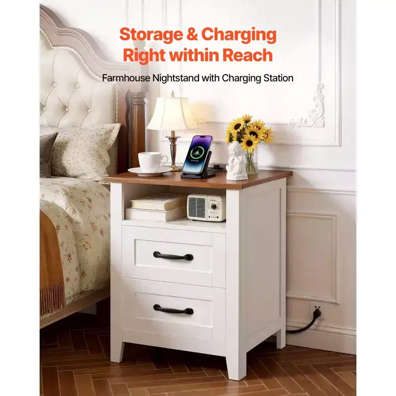 Farmhouse Nightstands, with Charging Station, Set of 2, End Tables with 2 Drawers and Open Shelf