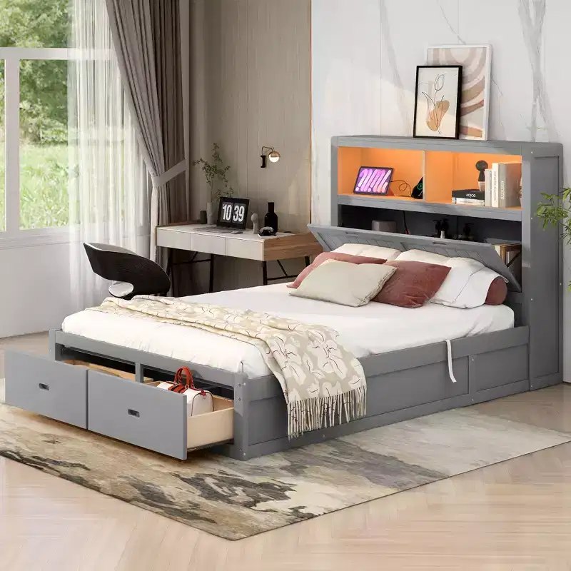 Full/Queen Size Hydraulic Platform Bed with Storage LED Headboard, Charging Station, 2 Drawers and Under-Bed Storage Space, White/Gray-ModernLuxe