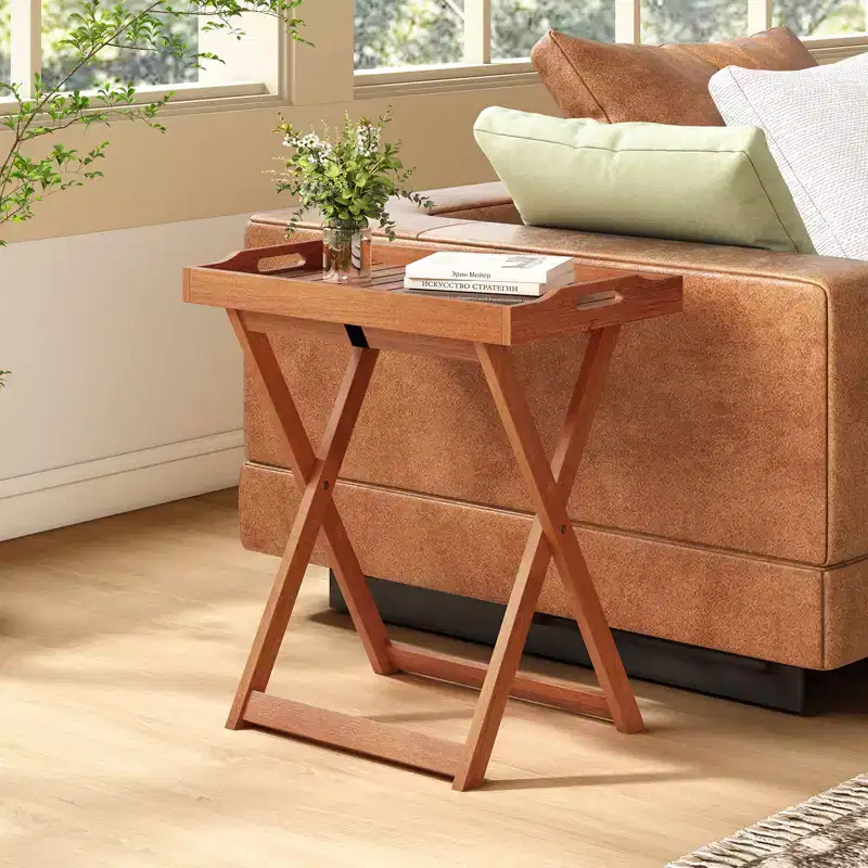 Costway Patio Solid Wood Tray Table w/ Removable Top Rectangular TV Tray Bistro Table