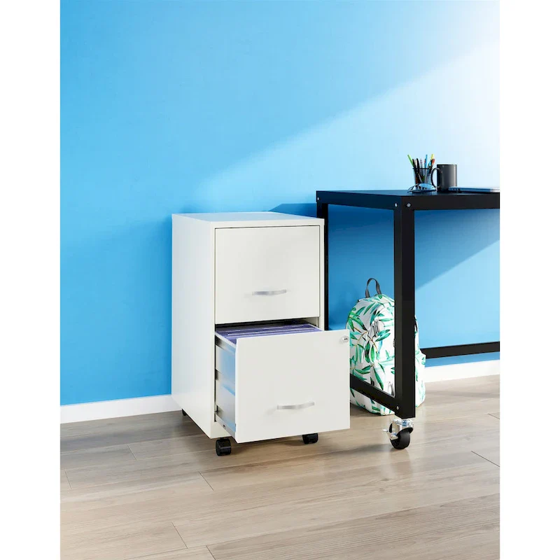 White 2-Drawer Mobile Metal File Cabinet, Letter Size, 1-Person