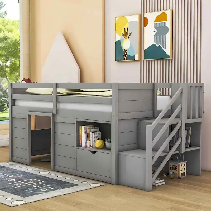 Solid Wood Low Loft Bed With Drawer and Stair,Twin Szie