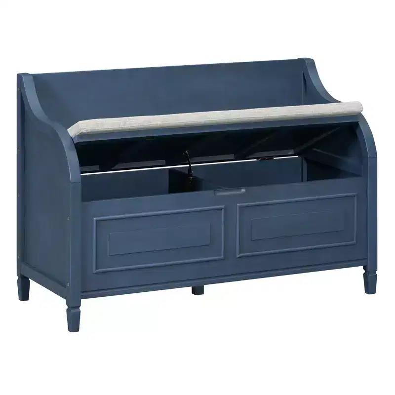 Rustic Storage Bench with Armrest,Farmhouse Entryway Seat with Safety Hinge,Removable Split Cushion,Shoe Bench for Bedroom,Living Room