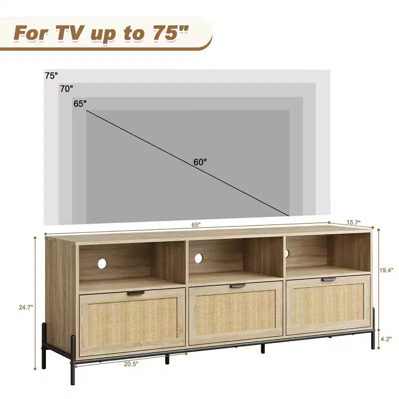 Rattan TV Stand for up to 75 Inch TVs, Mid Century Modern Entertainment Center with Open Shelf & 3 Drawers for Living Room