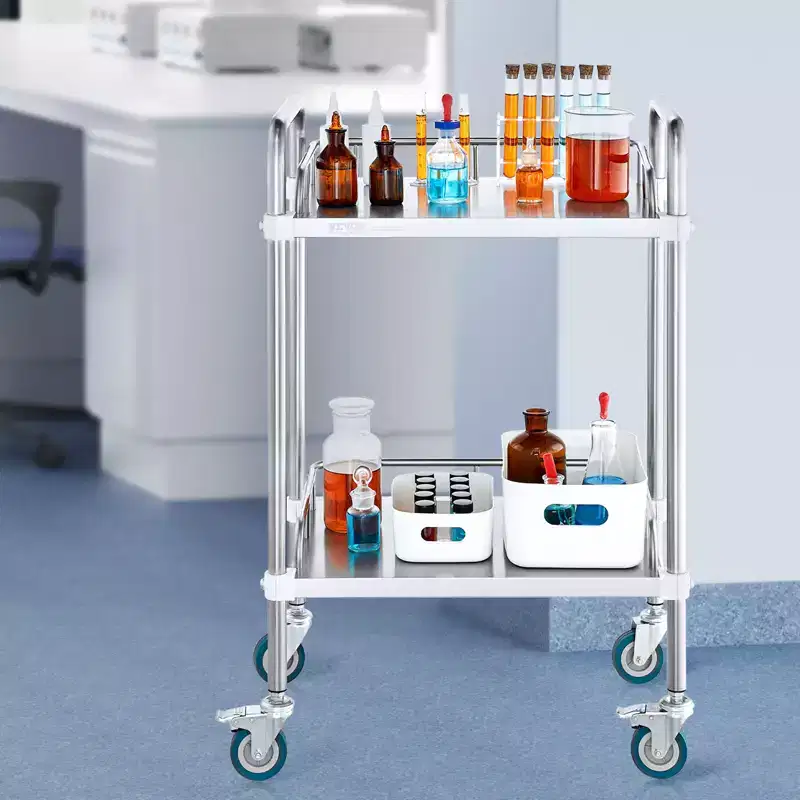 Lab Rolling Cart, 2-Shelf Stainless Steel Rolling Cart, Lab Serving Cart with Swivel Casters, Dental Utility Cart,15.16x21.57x34.06