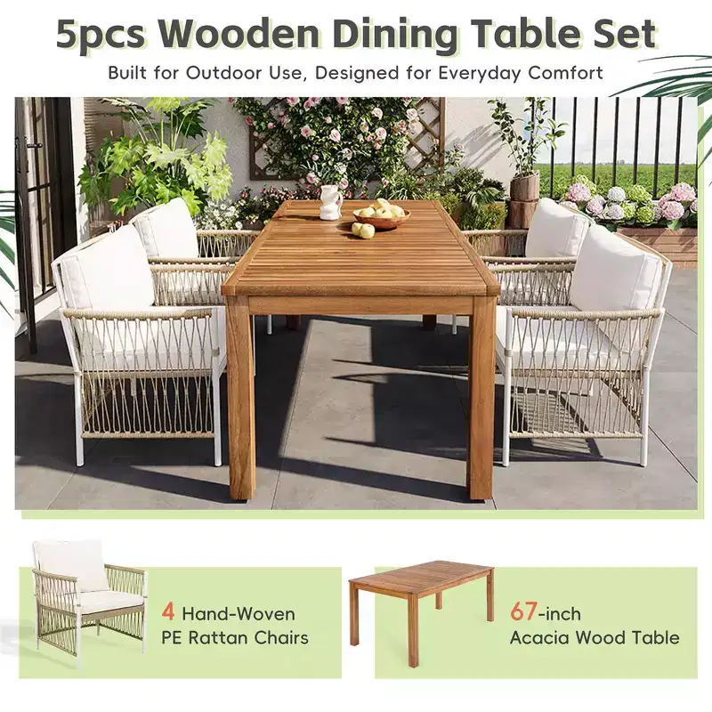 Whisen Weather Resistant 5-Piece Outdoor Dining Set Patio Round Extendable Dining Set with 4 Rattan Chairs