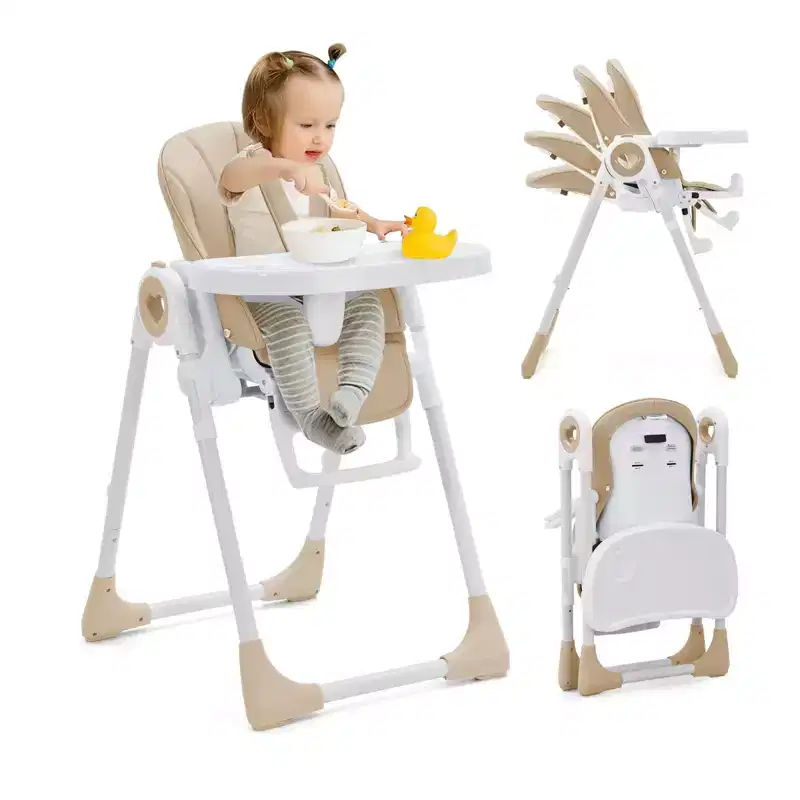 Foldable High Chair for Babies, Adjustable Baby Highchair with 5 Recline Positions, Removable Double Tray,Portable Feeding Chair with 5-Point Harness
