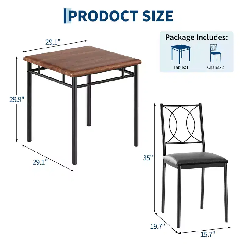 Dining Table for 2, Small Space Kitchen Table with 2 Upholstered Chairs, Farmhouse Wood Table for Apartment, Breakfast Nook