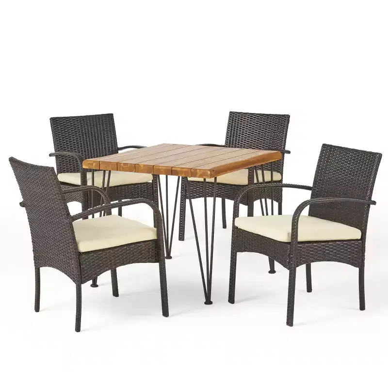 Christopher Knight Home Clayton Outdoor Acacia Wood and Wicker 5 Piece Dining Set with Cushion, Teak/Multibrown
