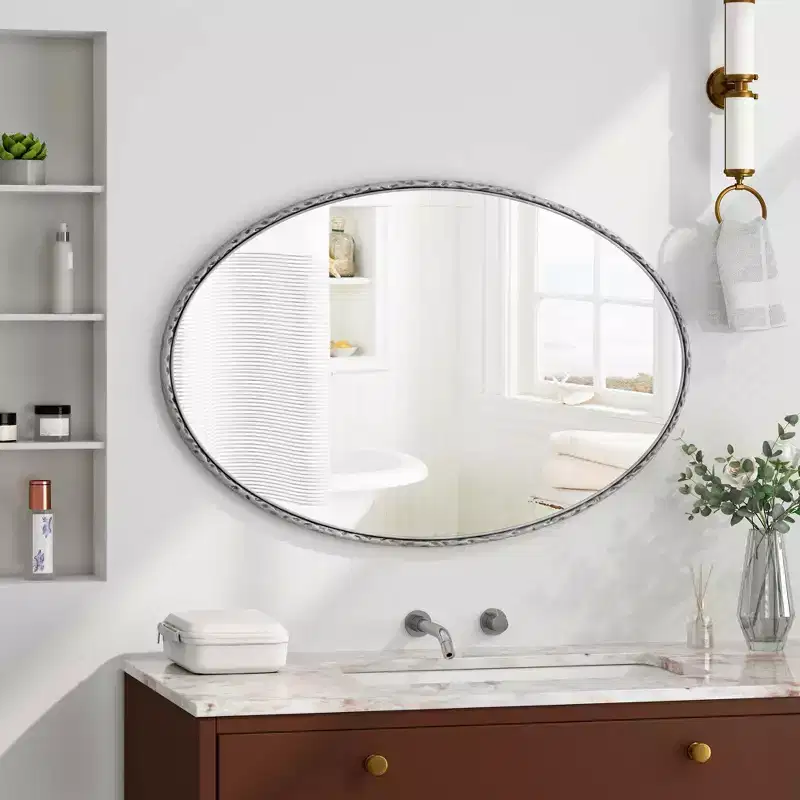 Iron Art Oval Retro Mirror Antique Effect Wall Hanging for Bedroom Living Room Silver