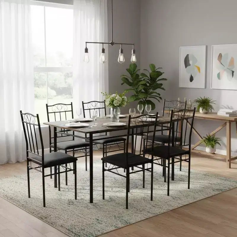 FurnitureR Rectangular Dining Table with 6 PU Leather Chairs, Kitchen Table Set for 4-6 People, Vintage Brown/Black
