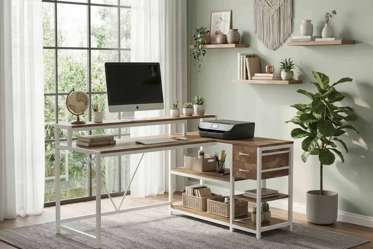 L-Shaped Corner Desk with Monitor Stand, Drawers & Storage Shelves