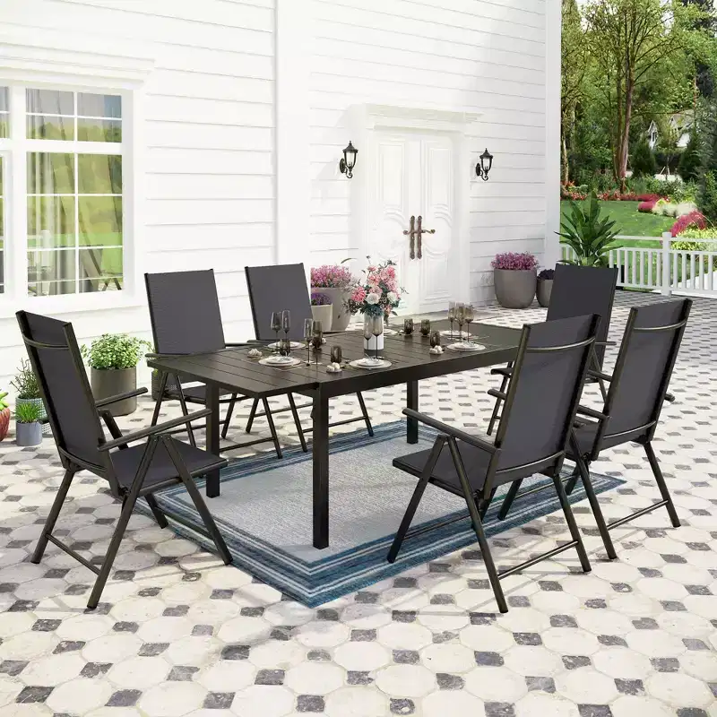 7pc Patio Dining Set with Expandable Table & Reclining Chairs: E-Coated Metal, Weather-Resistant - Captiva Designs