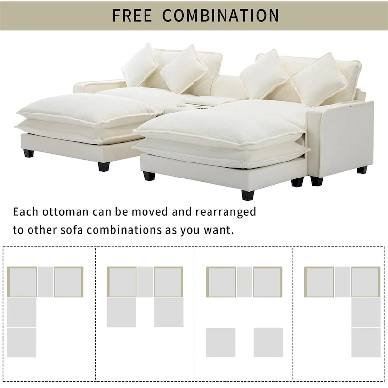 112.6 Chenille Upholstered Sectional Sofa with 2 Removable Ottoman