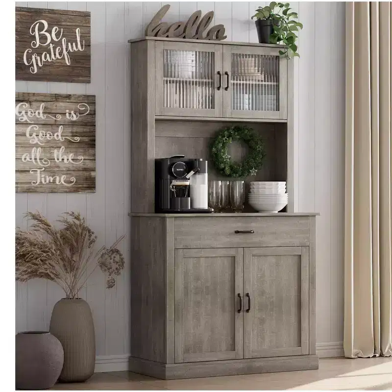 GustoWave 71'' Kitchen Pantry Storage Cabinet with Glass Doors and Microwave Stand, Freestanding Tall Kitchen Cabinet for Dining Room
