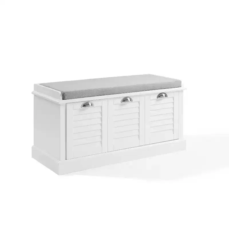 Crosley 36" Ellison Entryway Storage Bench White/Gray: Upholstered with Shoe Compartment, Narrow Design