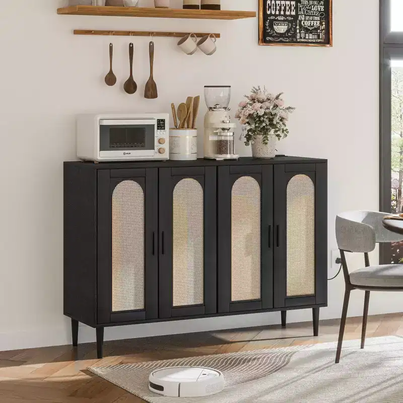 CuisinSmart Rattan Sideboard Buffet Cabinet, Boho Storage Cabinet, 4 Doors Coffee Bar with Power Outlet for Kitchen Dining Room Living Room