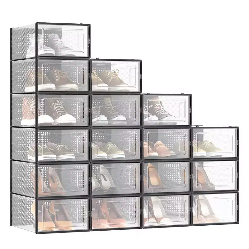 SONGMICS Shoe Boxes - Set of 18 Stackable and Foldable Organizers - Transparent and Black - Fit up to US Size 11