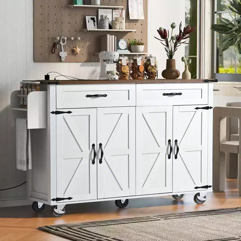 MAYEERTY Kitchen Island with Power Outlet Drop Leaf Spice Rack and Drawer Wheels for Home Kitchen Dining Room White