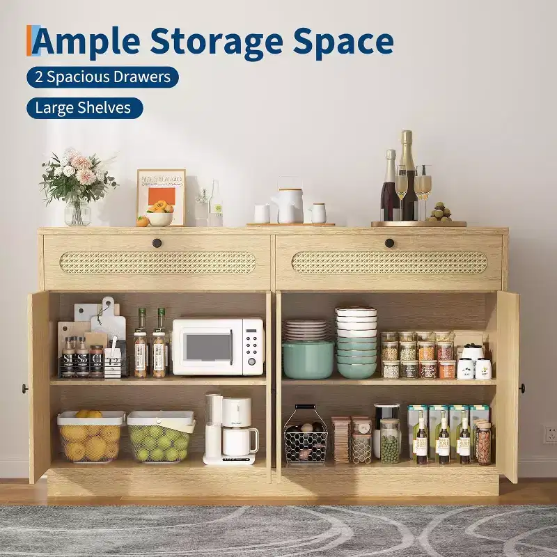 60'' Rattan Sideboard Buffet Cabinet with 2 Drawers & 4 Rattan Doors and Adjustable Shelves & Storage
