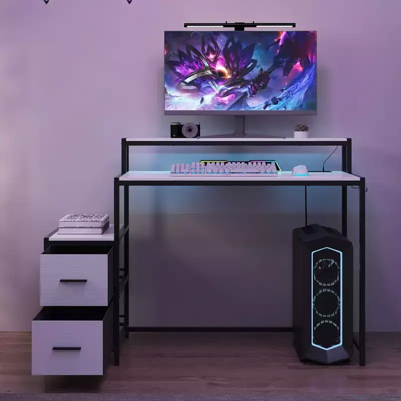 Famapy LED Gaming Desk Computer Desk with Metal Frame, Built - in Power Outlet, Drawers, and Elevated Dual - Layer Desktop