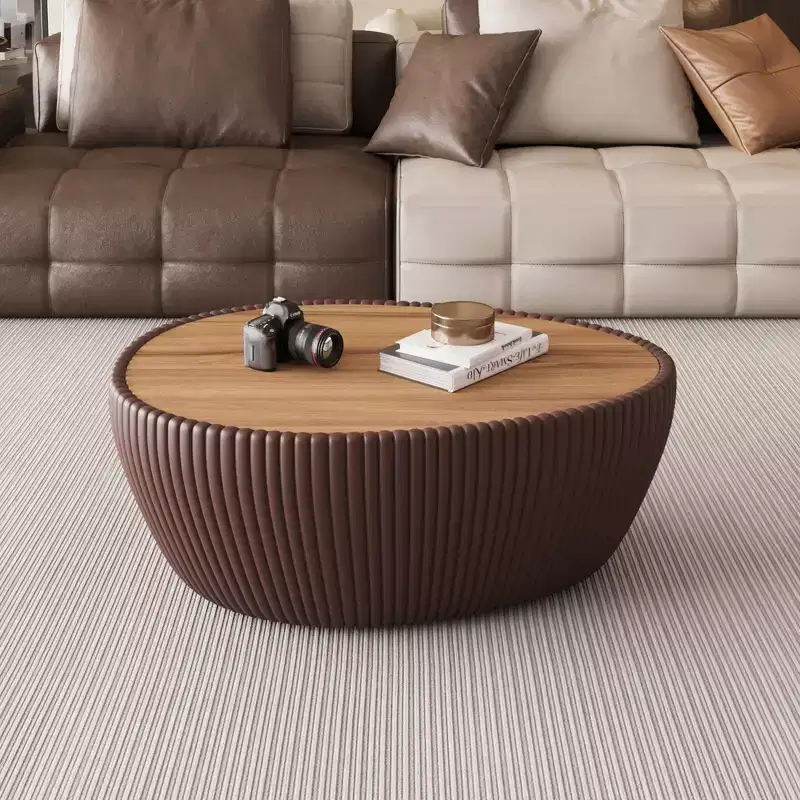 Goose Egg-Shaped Leather Coffee Table with Sintered Stone Top and Unique Pattern