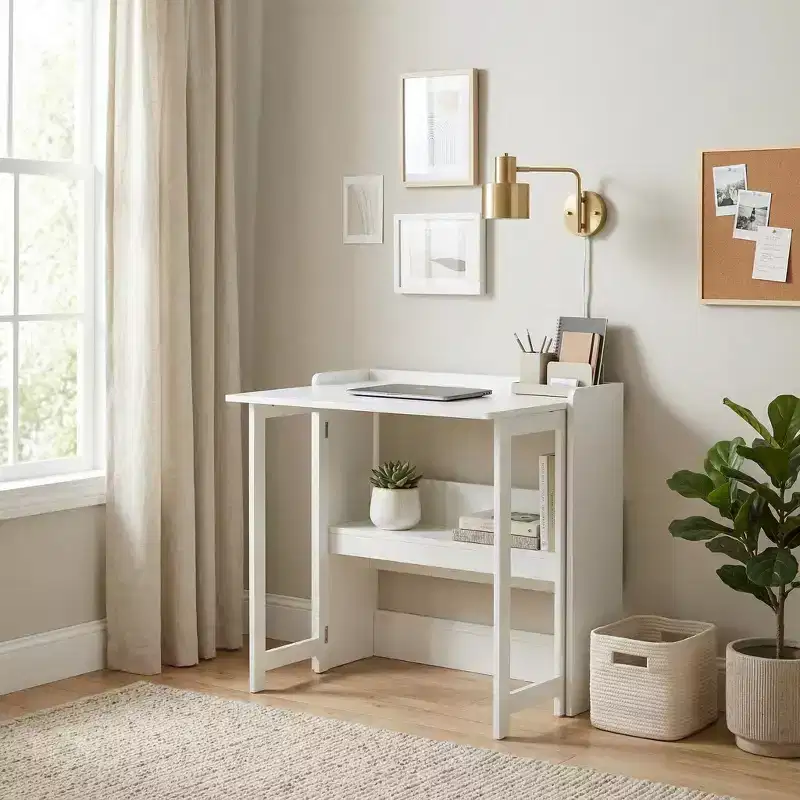 FurnitureR Folding Desk with Storage Shelf, Small Space Drop Leaf Computer Desk with Bookshelf, Writing Desk for Home Office, Bedroom, Apartment