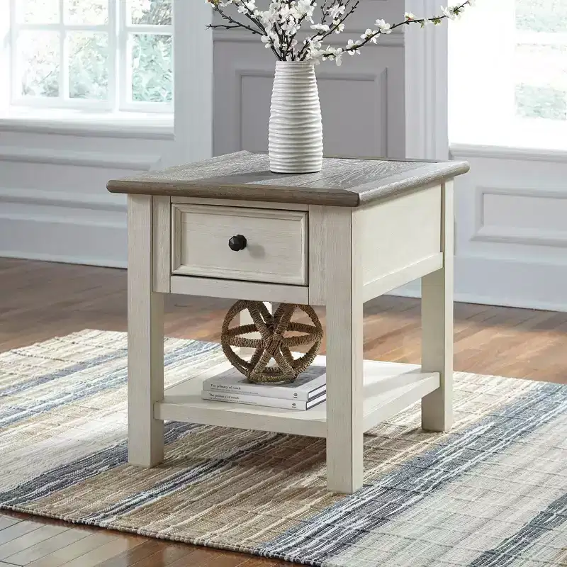 Bolanburg Rectangular End Table Brown/White: Fixed Shelf, Wood Legs, Storage Drawer