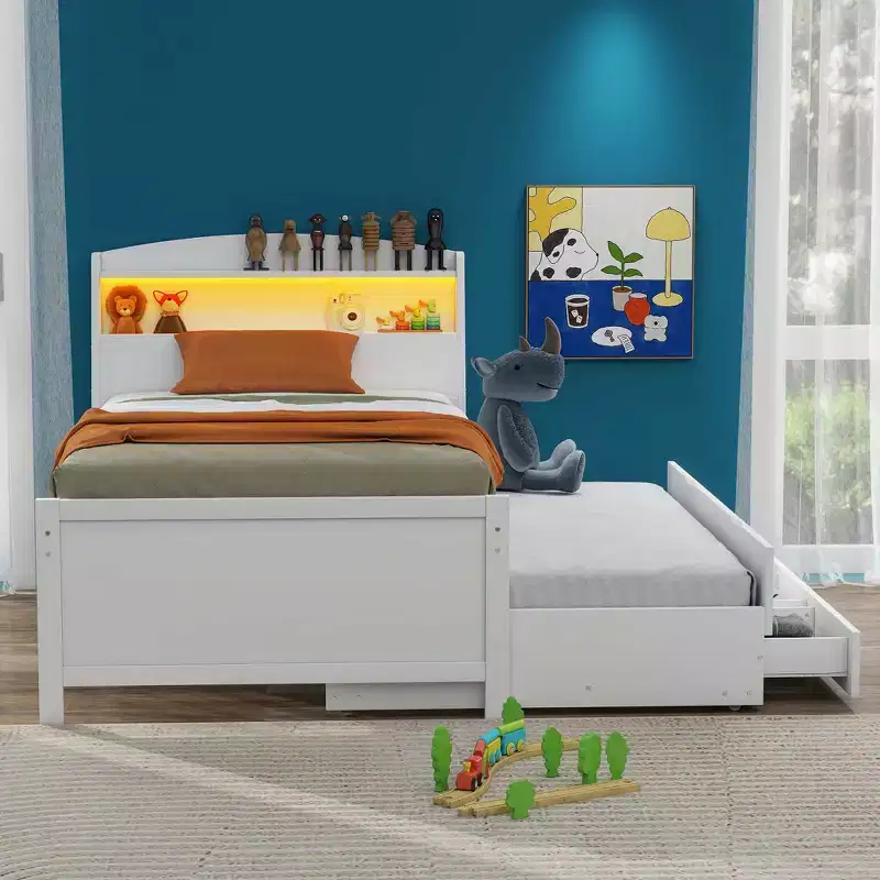 Twin/Full Size Platform Bed Frame with Storage LED Headboard, Twin Size Trundle and 3 Drawers, White-ModernLuxe
