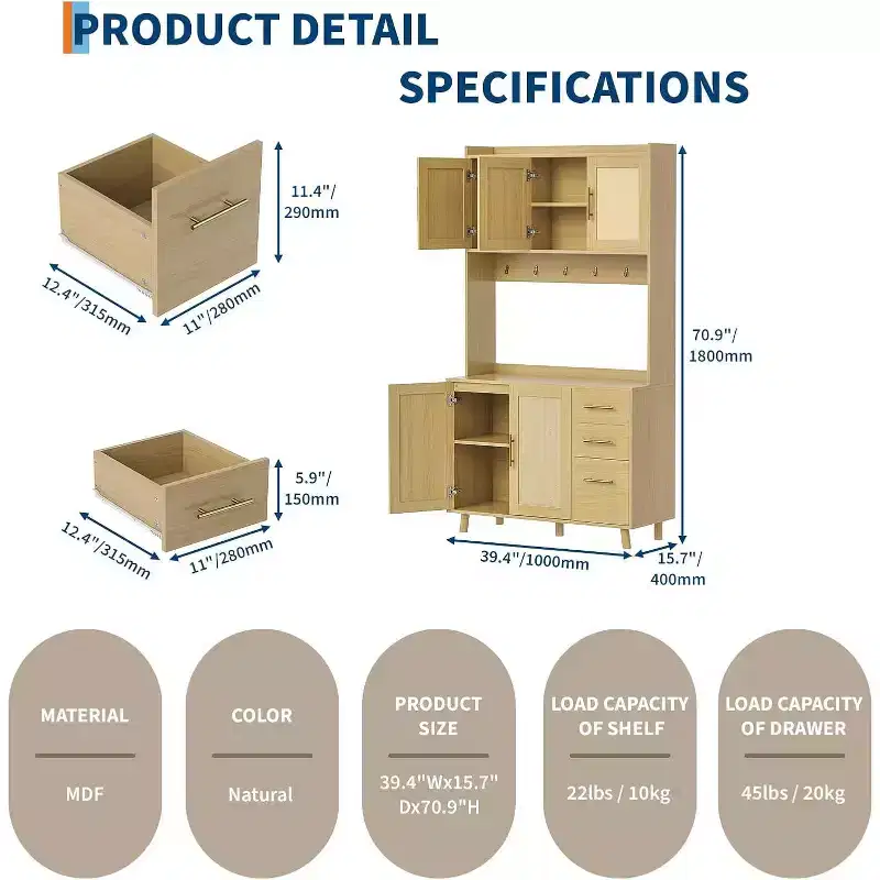 71 Kitchen Rattan Pantry Cabinet,with Microwave Stand, Freestanding Hutch with Drawers, Doors and Hooks for Kitchen Dining Room