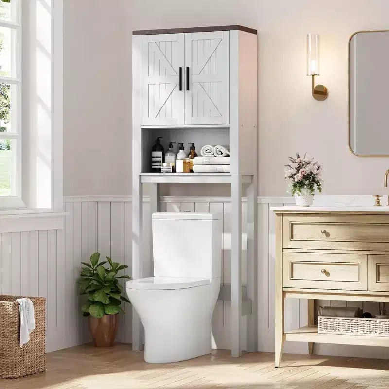 Modern Over-the-Toilet Storage Cabinet, Free Standing Bathroom Organizer with Adjustable Shelves and Anti-Tip Device