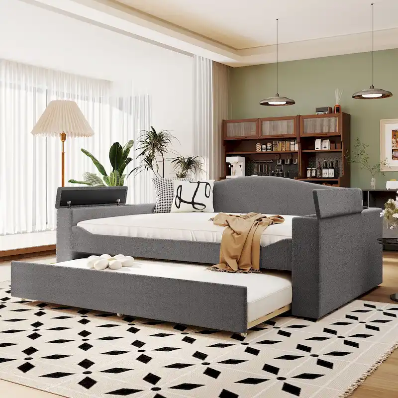 Twin Size Upholstered Daybed with Storage Armrests, Trundle and Latest Integrated Bluetooth Audio System, Teddy Fleece, Beige