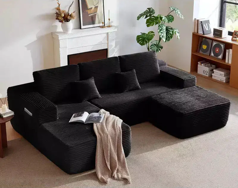 104Cloud Sectional Sofa,U-Shaped Chaise,Deep Seat,Side Pockets,Plush Fabric,No Assembly,Black,Left Facing