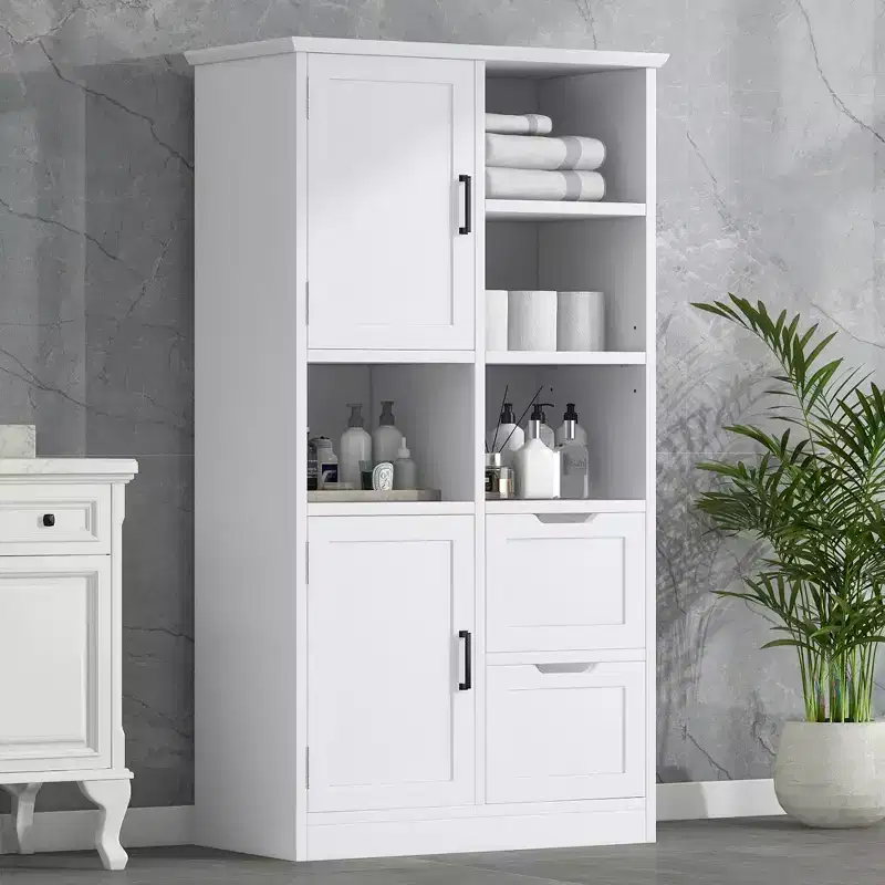 GDFStudio Walter Modern Wood Freestanding Bathroom Storage Cabinet with Drawers, Open Shelves and Enclosed Cabinet