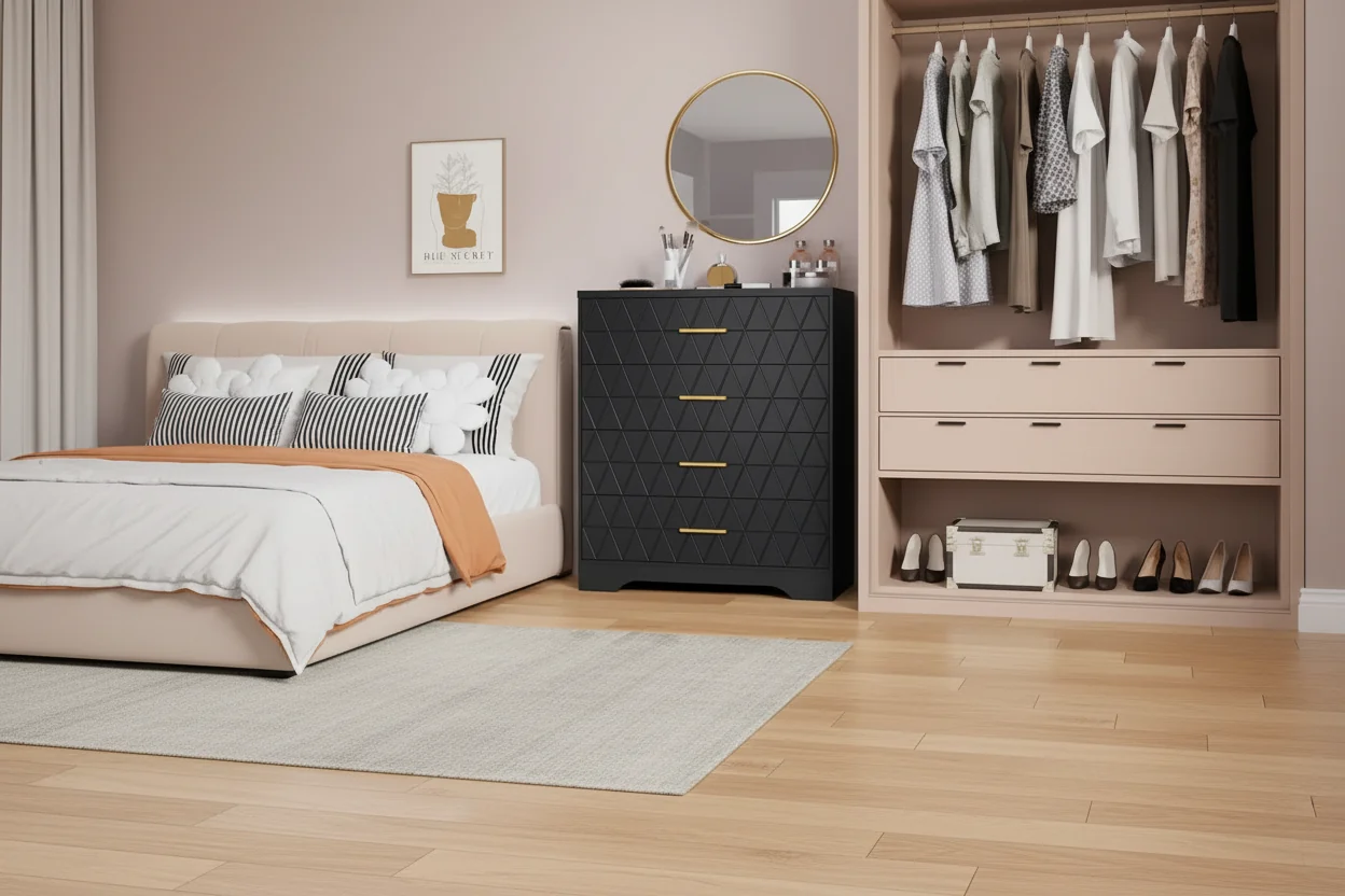 Wood Dressers for Bedroom with 4 Drawers, Modern Tall Dressers, Wide Chest of Drawers with Gold Handles,Dresser Nightstand, Storage Organizer Cabinet