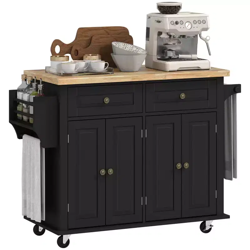 HOMCOM Kitchen Island on Wheels, Rolling Cart with Rubberwood Top, Spice Rack, Towel Rack and Drawers for Dining Room