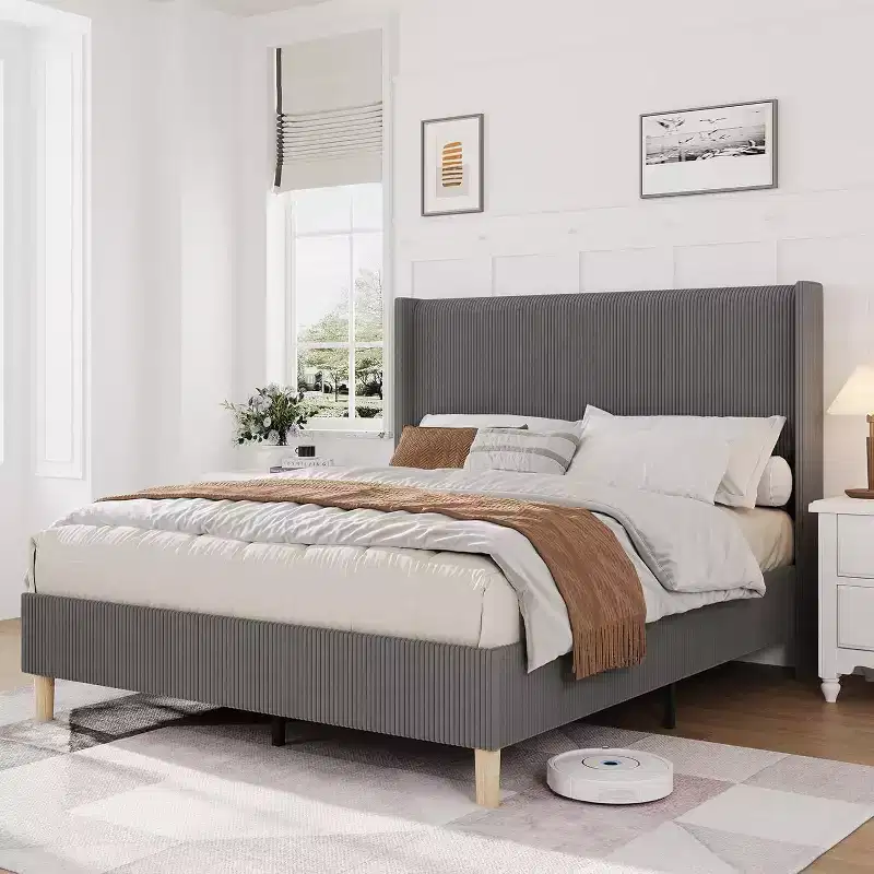 Full Size Upholstered Bed Frame, Corduroy Platform with Vertical Channel Tufted Wingback Headboard, Wood Slats, No Box Spring, Grey