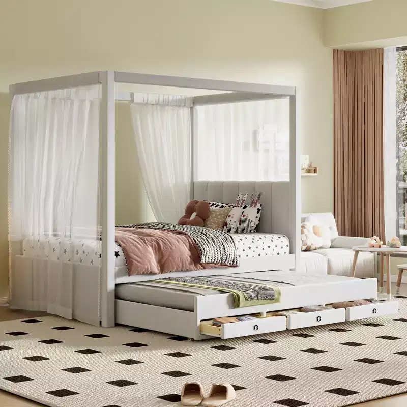 Full Size Linen Upholstery Canopy Platform Bed with Trundle and Three Storage Drawers