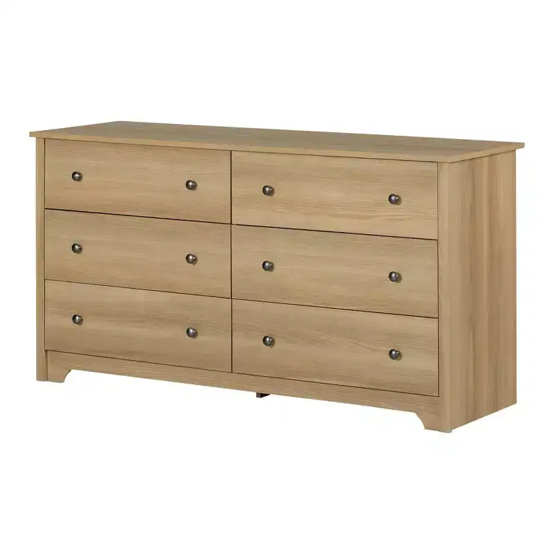 6 Drawer Double Dresser Ash: Anti-Tip Anchoring, Laminated Finish, Particle Board, 59.25