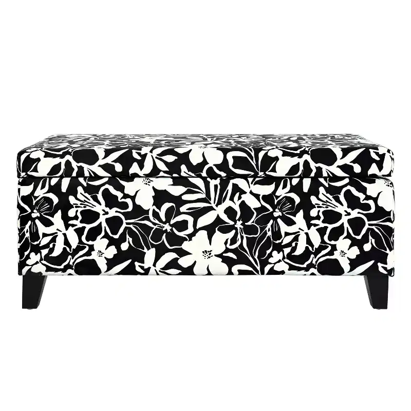 Contemporary Wood Upholstered Rectangle Storage Ottoman with Floral Pattern