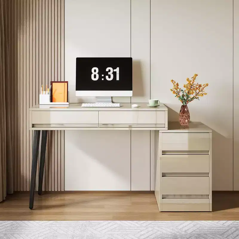 High Gloss Modern Computer Desk, Reversible Home Office Desk with Storage Drawers