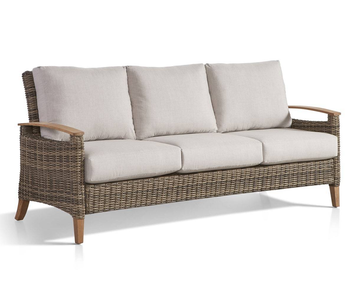 Outdoor Wicker Sofa with Teak Armrests and All-Weather Cushions