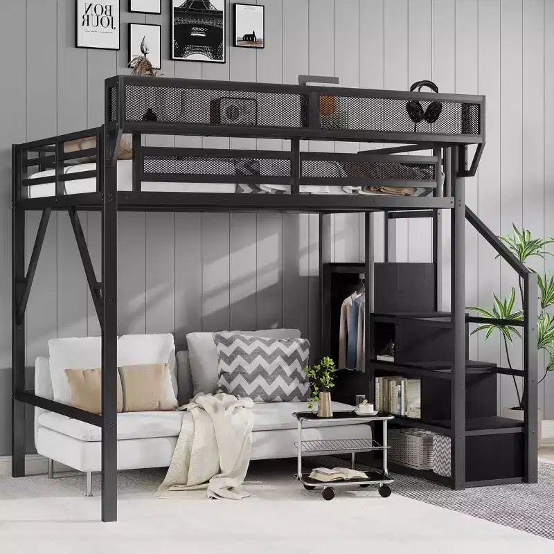 Full Size Metal Loft Bed with Stairs, Storage Shelves & Wardrobe