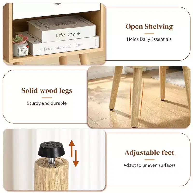 Karl Home 15.0In. White & Oak Nightstand, P2 Particleboard & Solid Legs, Matte Melamine, Ring Handle, 1 Drawer