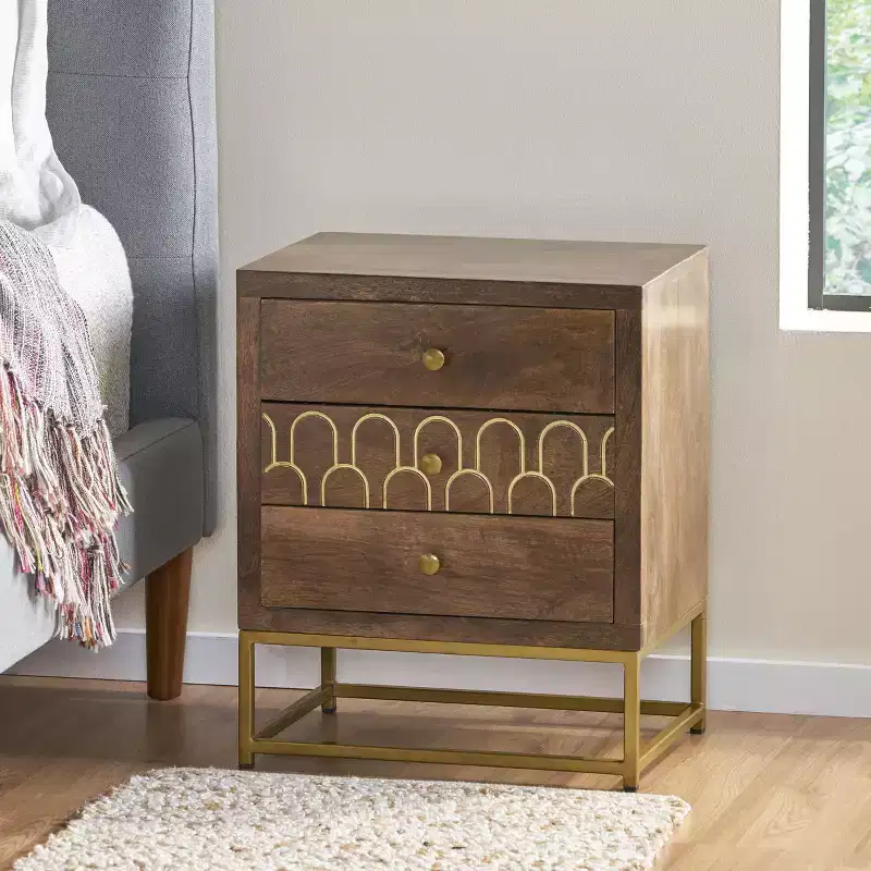 3-Drawer Mango Wood Nightstand with Gold Fish Scale Pattern & Iron Legs, Mid-Century Modern