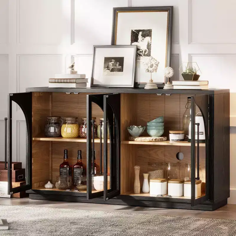 Merax 4-Door Retro Style Arched Glass Storage Buffet Cabinet with Adjustable Shelves