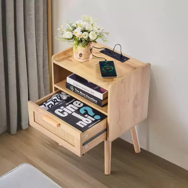 Rattan Nightstand End Table with Drawer and Open Shelf Boho Bedside Table